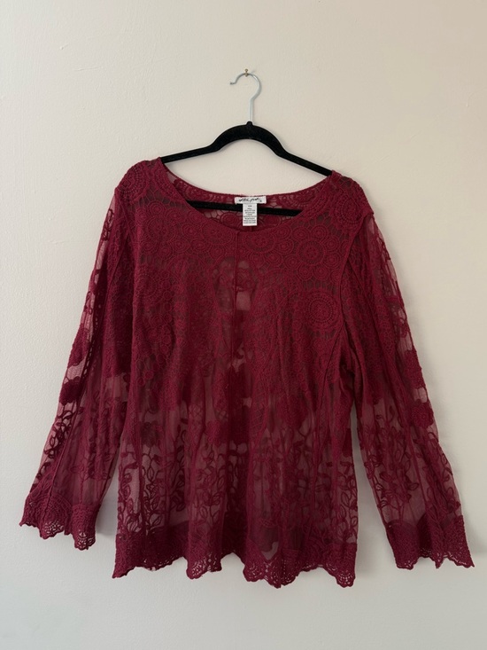 Ultra Pink Tops - Sheer Crochet Burgundy Lace Long Sleeve Top Womens 2X Witchy Whimsigoth Boho